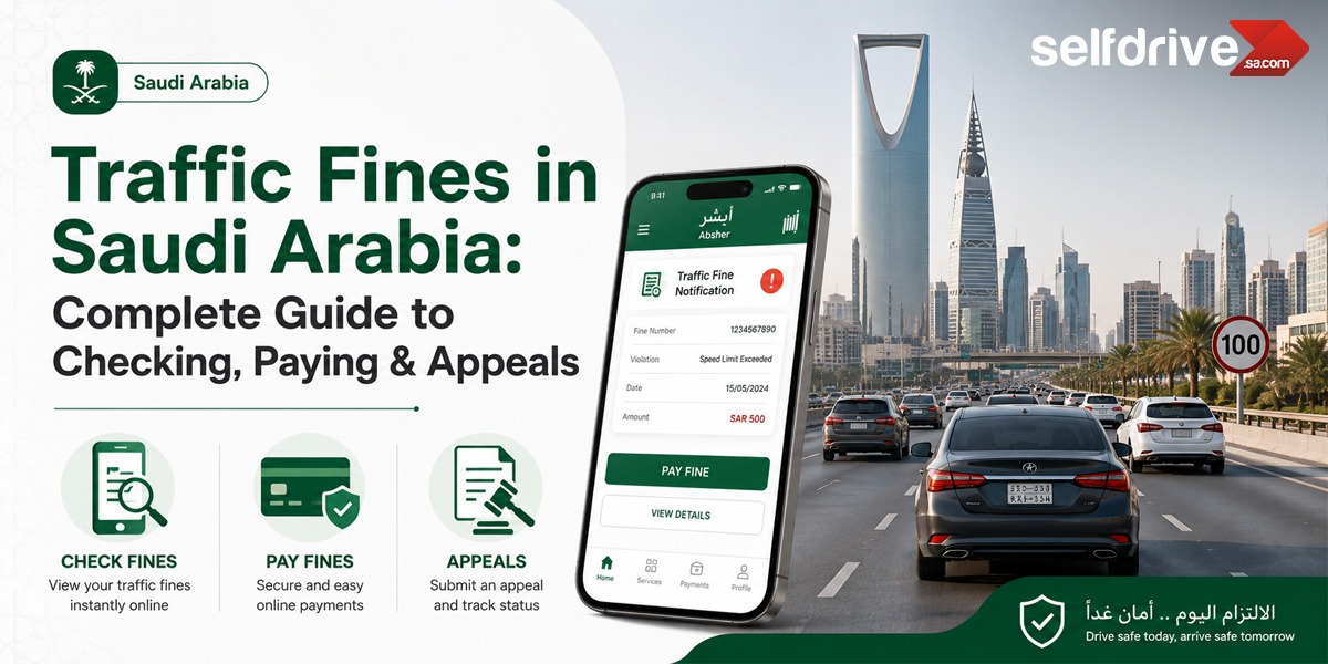 Traffic Fines in Saudi Arabia guide banner featuring the Absher app on a smartphone with a traffic fine notification, Riyadh skyline, vehicles on a highway, and icons for checking fines, paying fines, and submitting appeals online. SelfDrive Saudi Arabia branding is displayed.